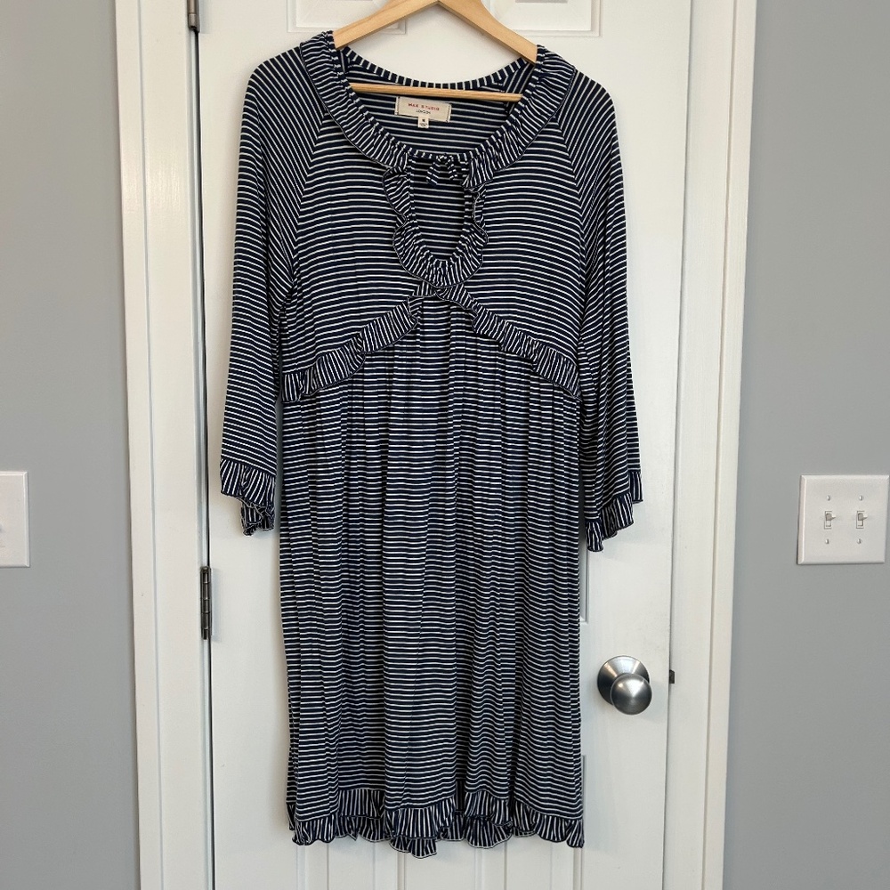 Max Studio blue and white striped jersey dress with ruffles and keyhole neckline